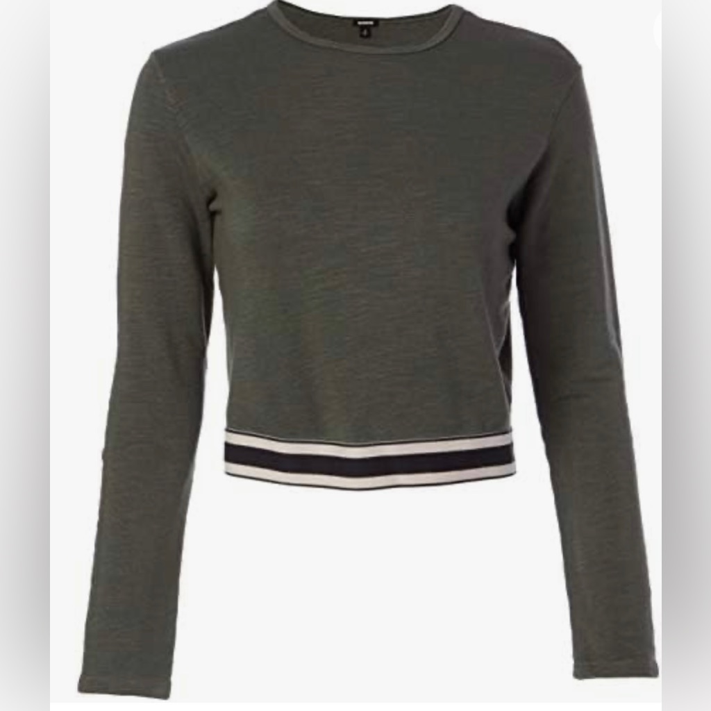Monrow Crew Neck Cropped Long Sleeve Soft Knit Sweater With Striped Band Green M